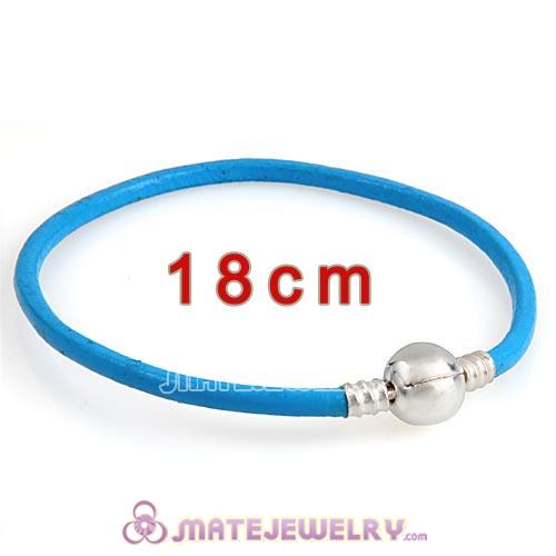 18cm Blue Slippy Leather Bracelet with Silver Round Clip fit European Beads