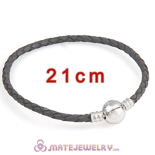 21cm Gray Braided Leather Bracelet with Silver Round Clip fit European Beads