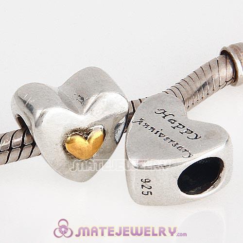 Antique Sterling Silver Happy Anniversary Gold Plated Heart Charm Beads