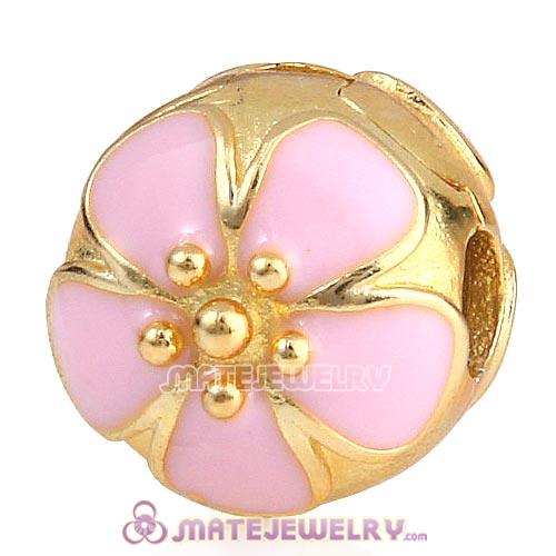 Gold Plated Sterling Silver Cherry Blossom Pink Enamel Clip Beads 