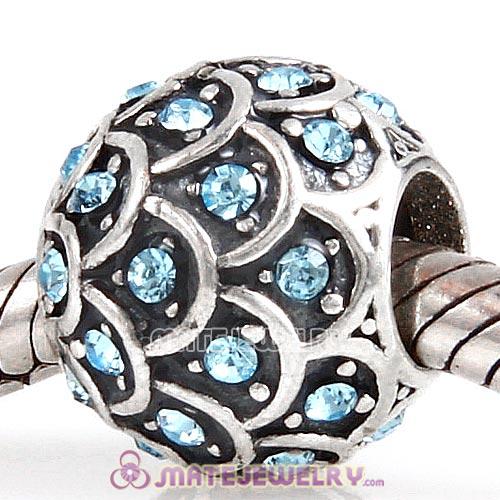 Sterling Silver Sparkling Fish Scale Beads with Aquamarine Austrian Crystal European Style