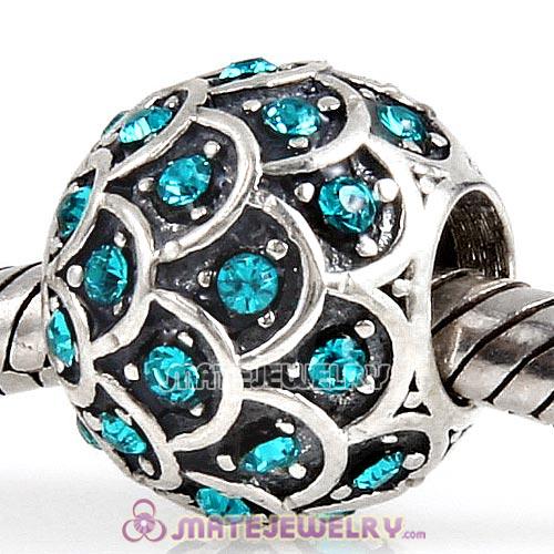 Sterling Silver Sparkling Fish Scale Beads with Blue Zircon Austrian Crystal European Style