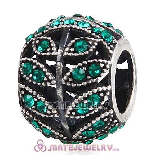 Sterling Silver Sparkling Leaves Beads with Emerald Austrian Crystal European Style