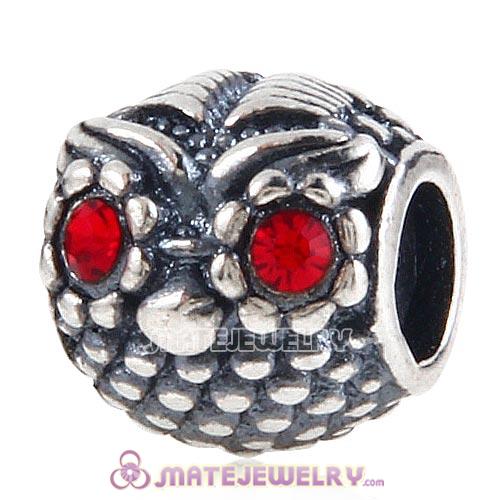 Antique Sterling Silver Wise Owl Charm Beads with Light Siam Austrian Crystal