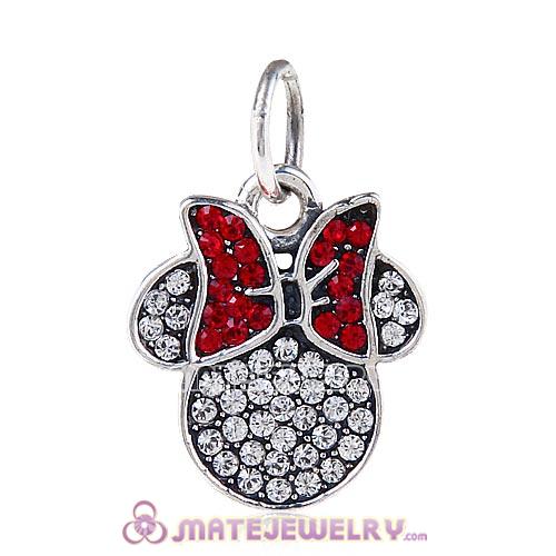 Sterling Silver Dangle Sparkling Clear Minnie Icon Charm with Red Bowknot Austrian Crystal