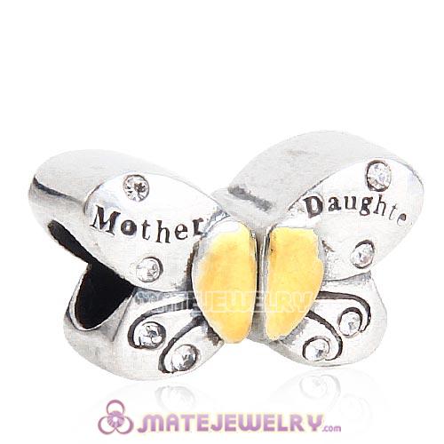 Sterling Silver Mother Daughter Butterfly Beads with Clear Austrian Crystal