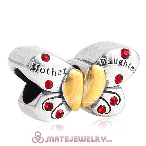 Sterling Silver Mother Daughter Butterfly Beads with Light Siam Austrian Crystal