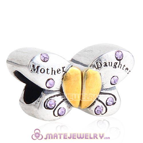 Sterling Silver Mother Daughter Butterfly Beads with Violet Austrian Crystal