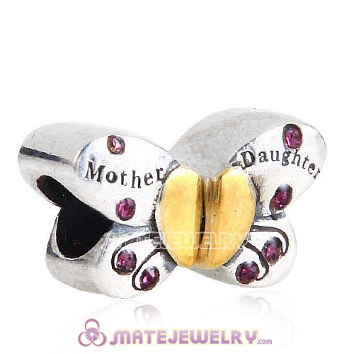 Sterling Silver Mother Daughter Butterfly Beads with Amethyst Austrian Crystal