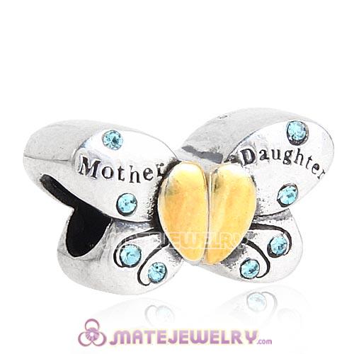 Sterling Silver Mother Daughter Butterfly Beads with Aquamarine Austrian Crystal