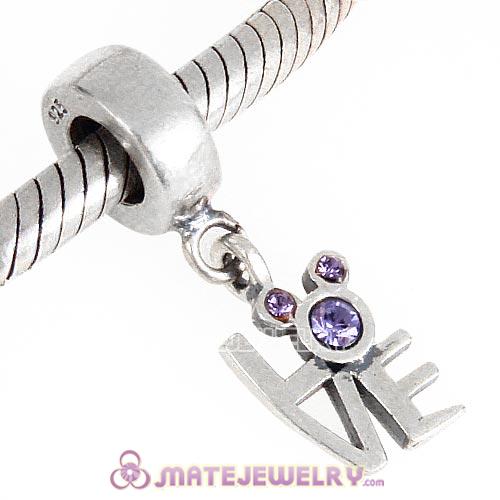 925 Sterling Silver Dangle Love Mickey Charm with Tanzanite Austrian Crystal