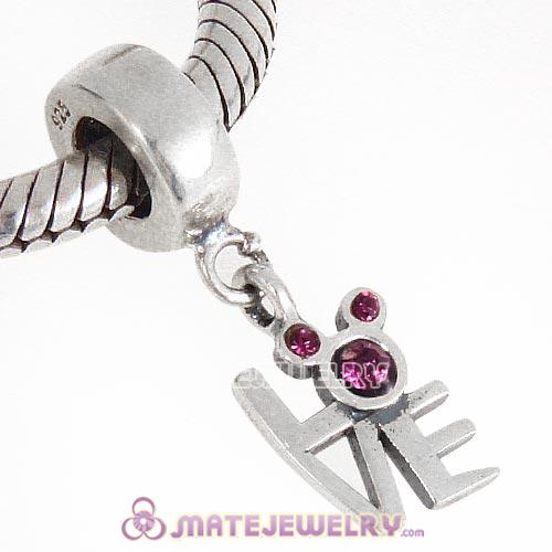 925 Sterling Silver Dangle Love Mickey Charm with Amethyst Austrian Crystal
