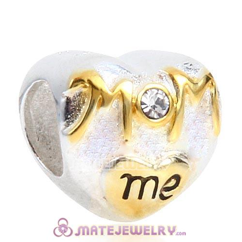 Sterling Silver Gold Plated MOM love me Heart Beads with Clear Austrian Crystal