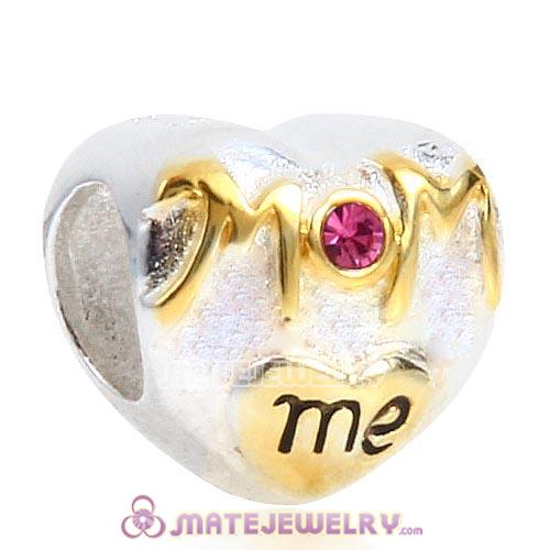 Sterling Silver Gold Plated MOM love me Heart Beads with Rose Austrian Crystal