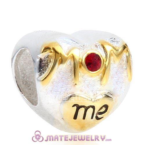 Sterling Silver Gold Plated MOM love me Heart Beads with Siam Austrian Crystal