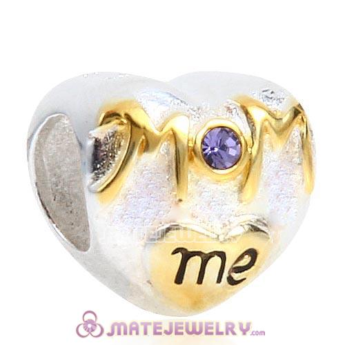 Sterling Silver Gold Plated MOM love me Heart Beads with Tanzanite Austrian Crystal