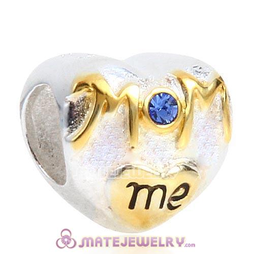 Sterling Silver Gold Plated MOM love me Heart Beads with Sapphire Austrian Crystal
