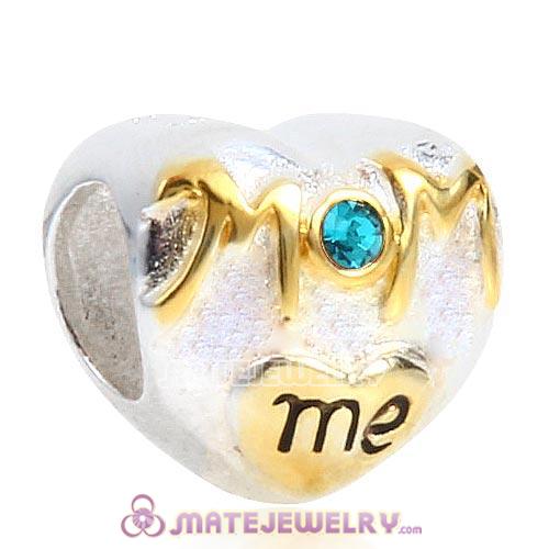 Sterling Silver Gold Plated MOM love me Heart Beads with Blue Zircon Austrian Crystal