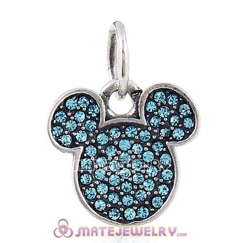 Sterling Silver Sparkling Mickey Head Pave with Aquamarine Austrian Crystal Dangle Charm Beads