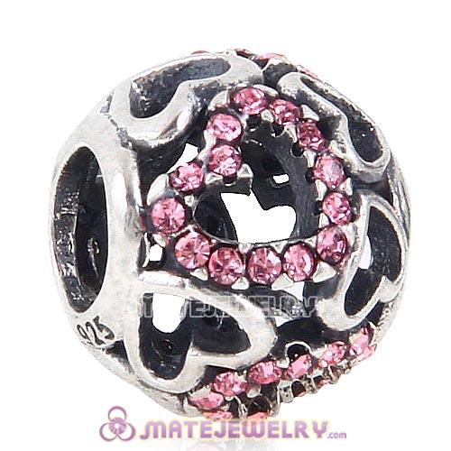 925 Sterling Silver Lots of love Hearts Charm with Light Rose Heart Austrian Crystal