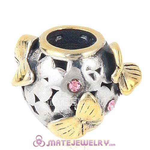 European style Sterling Silver Gold plated Butterfly Charm Bead with Light Rose Austrian Crystal