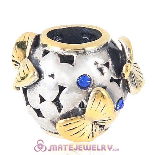 European Sterling Silver Golden Butterfly Charms with Sapphire Austrian Crystal Flower