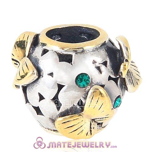 European Sterling Silver Golden Butterfly Charms with Emerald Austrian Crystal Flower