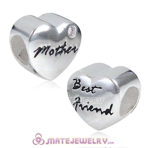 Sterling Silver European Mother and Best friend Heart Charms Beads with White CZ Stone