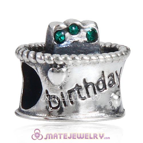 European Antique Sterling Silver Birthday Cake Charm Beads with Emerald Austrian Crystal