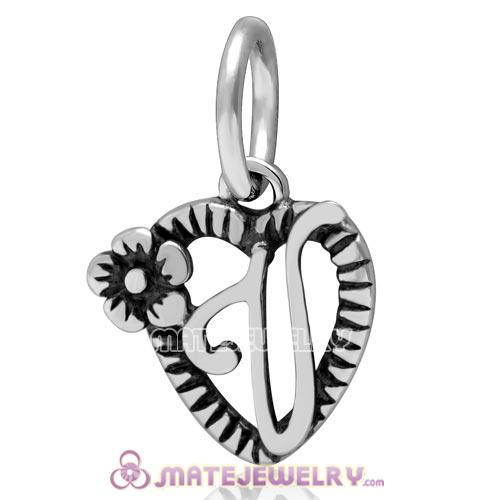 New Sterling Silver Alphabet Letter V Charm Dangle Heart Bead 