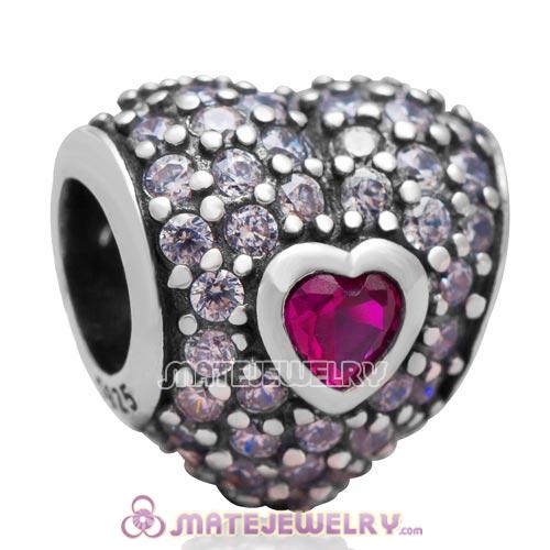 S925 Sterling Silver In My Heart Charm Bead with Fuchsia Stone