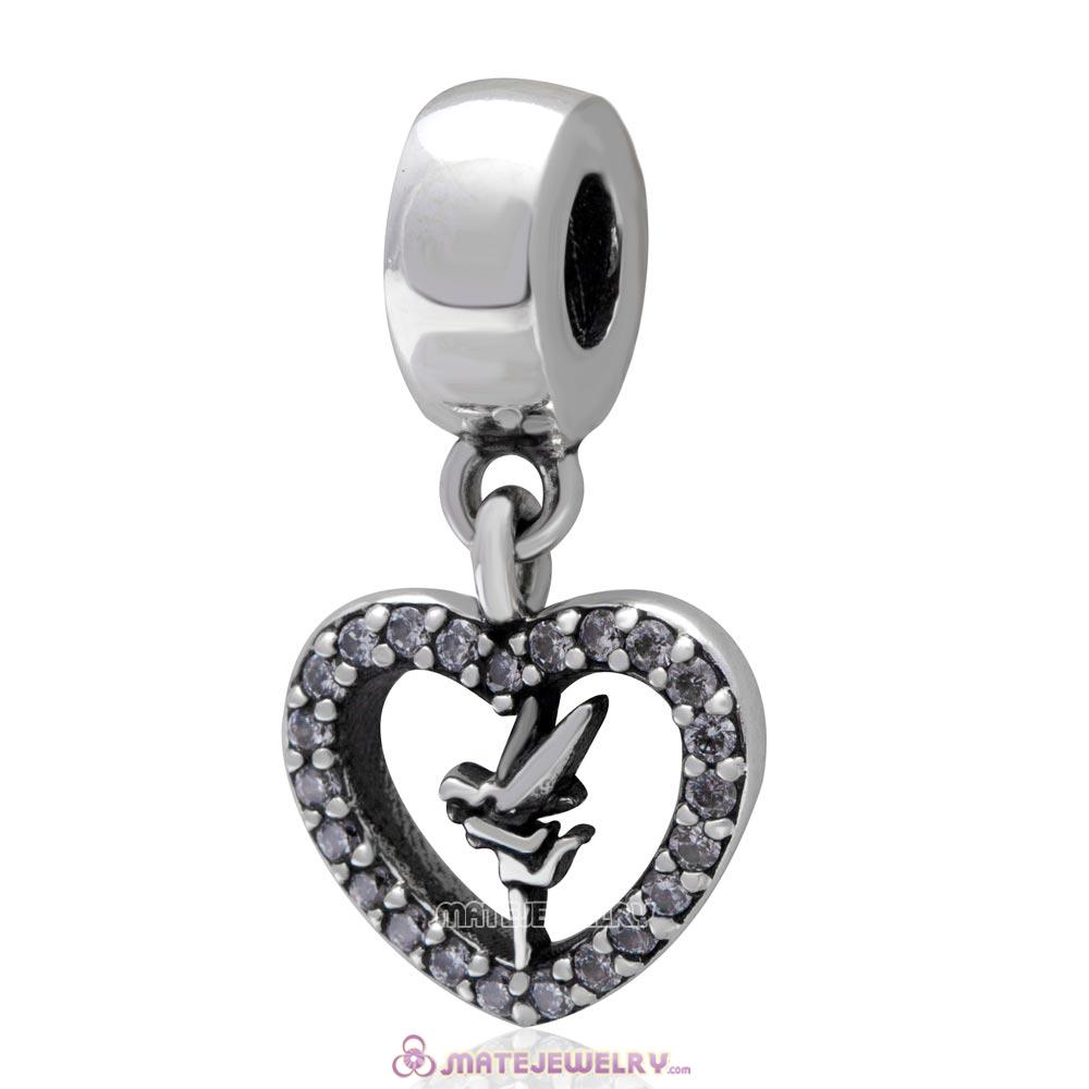 Love Tinker Bell Sterling Silver Dangle Heart Charm with Clear CZ