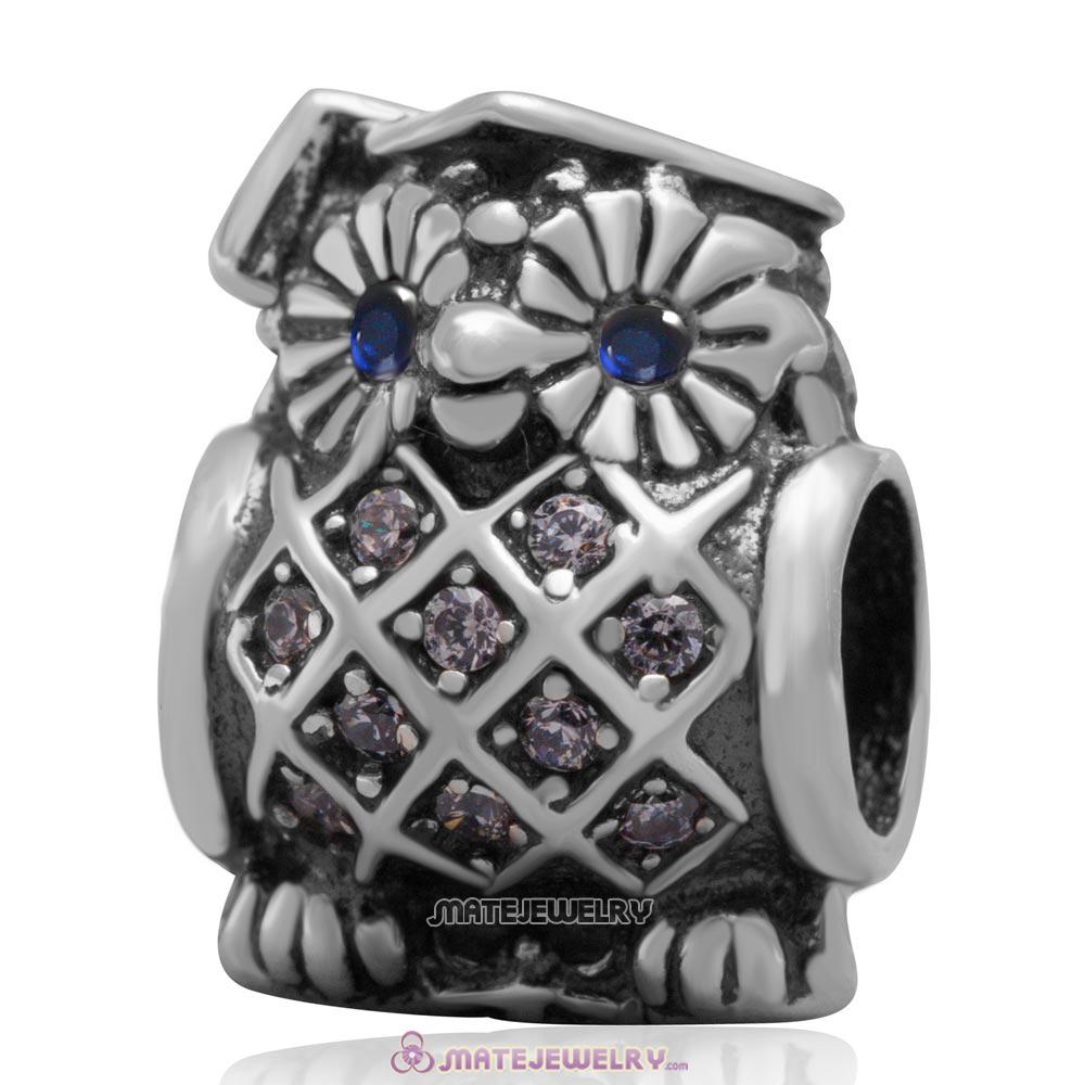 Sterling Silver Graduate Owl Charm Bead with Clear CZ and Blue Eye