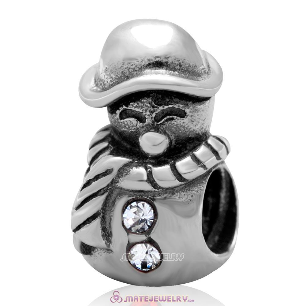 Christmas Snowman Charm Antique Sterling Silver Bead with Clear Australian Crystal