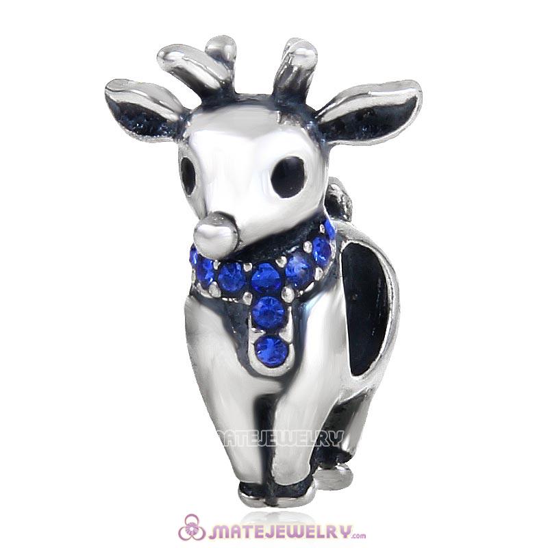 Christmas Reindeer Charm Antique Sterling Silver Bead with Sapphire Australian Crystal