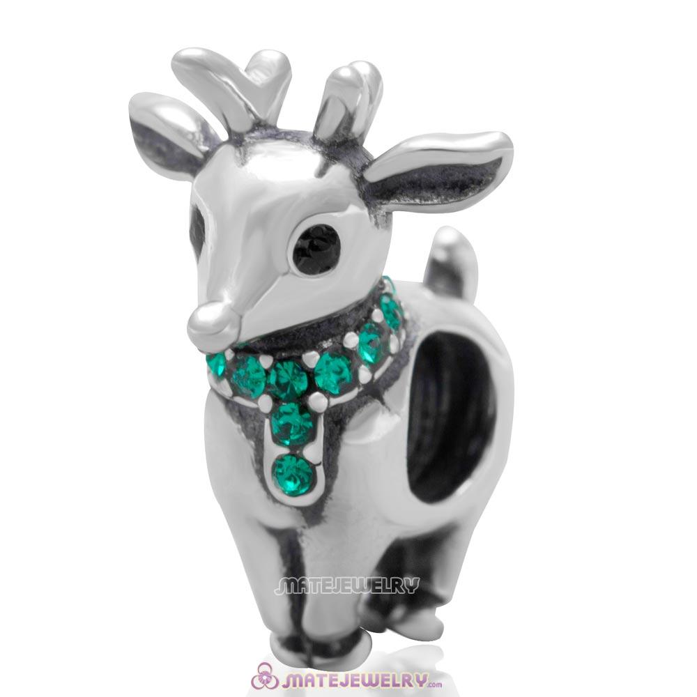 Christmas Reindeer Charm Antique Sterling Silver Bead with Emerald Australian Crystal