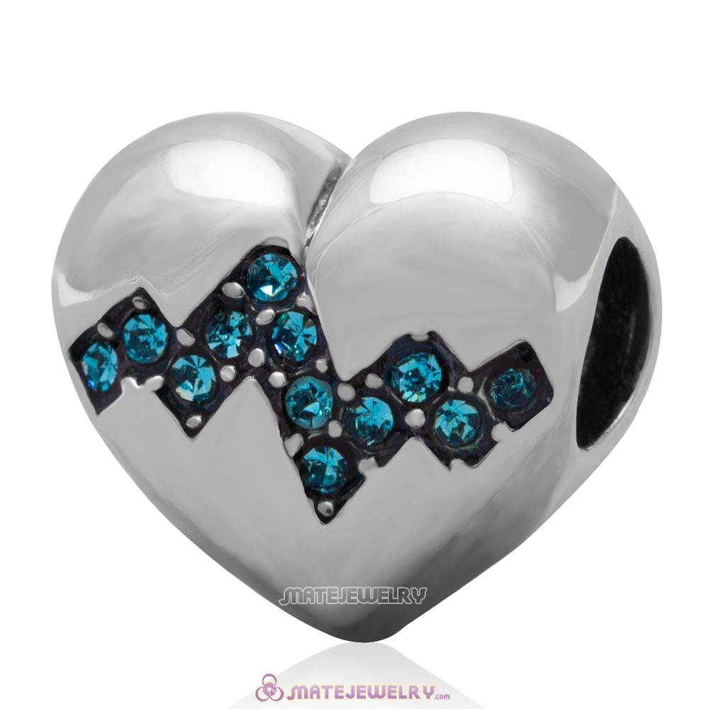 Antique Sterling Silver Heart Bead with Aquamarine Australian Crystal