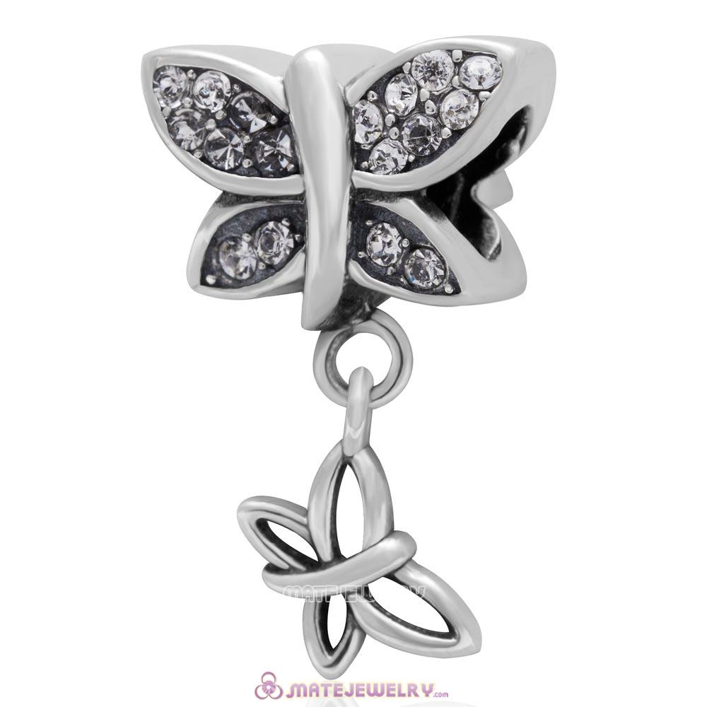 European Style Butterfly Dangling Bead Charm 925 Sterling Silver with Pave Clear Australian Crystal