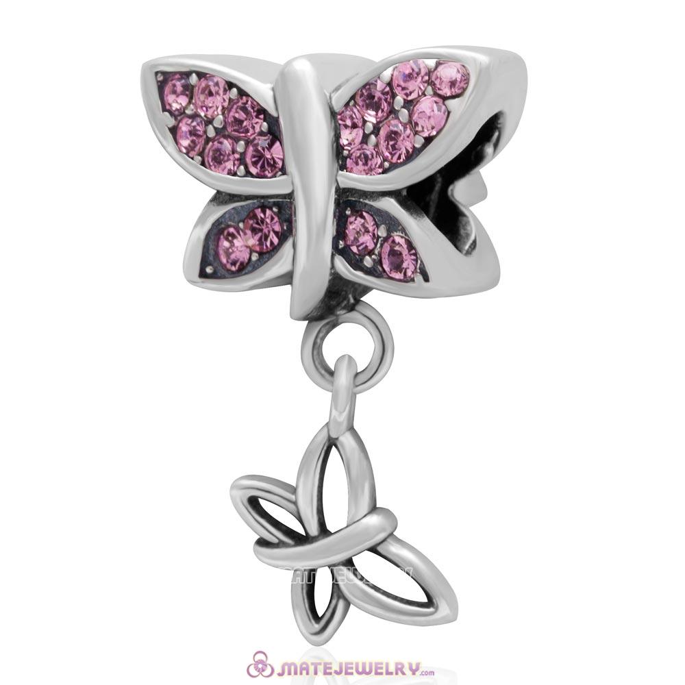 European Style Butterfly Dangling Bead 925 Sterling Silver with Pave Lt Rose Australian Crystal