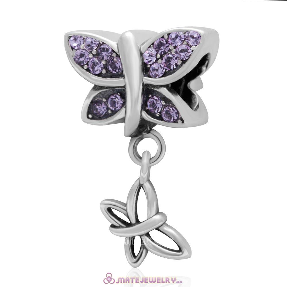European Style Butterfly Dangling Bead 925 Sterling Silver with Pave Violet Australian Crystal