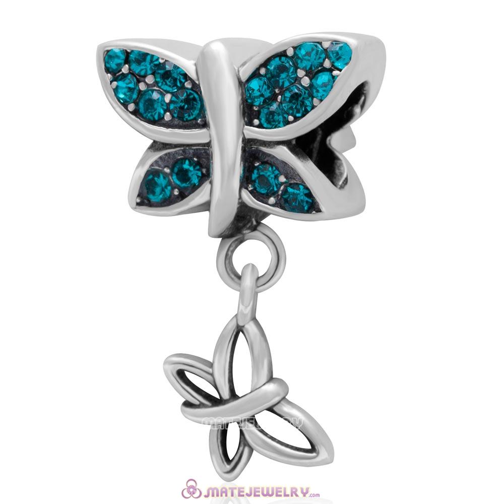 European Style Butterfly Dangling Bead 925 Sterling Silver with Pave Blue Zircon Australian Crystal