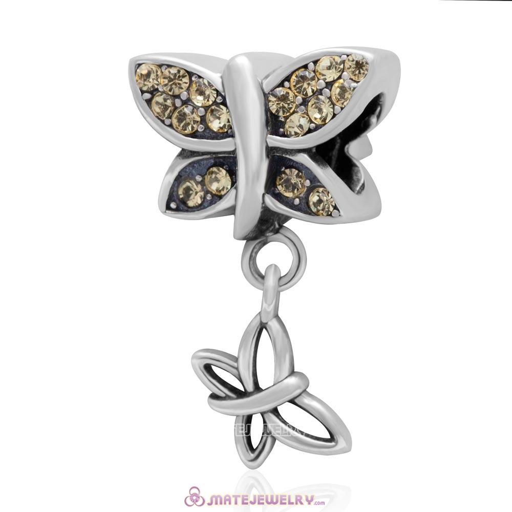 European Style Butterfly Dangling Bead 925 Sterling Silver with Pave Jonquil Australian Crystal
