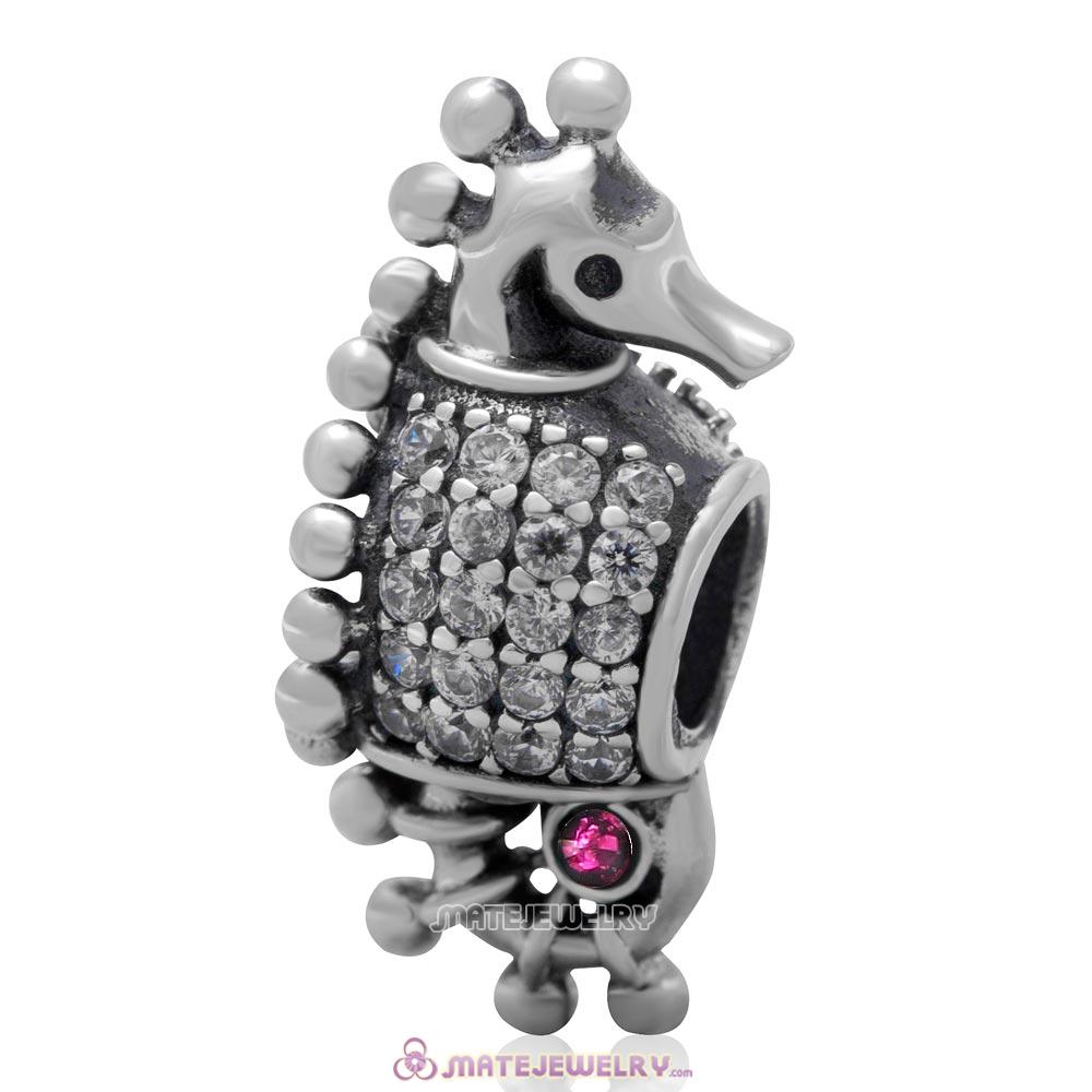 Clear CZ Pave Seahorse Charm 925 Sterling Silver with Fuchsia Australian Crystal