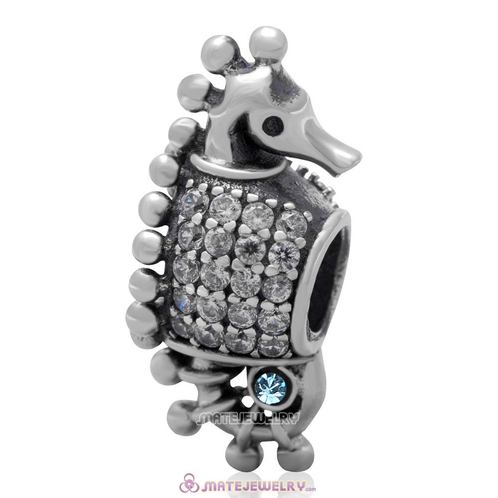 Clear CZ Pave Seahorse Charm 925 Sterling Silver with Aquamarine Australian Crystal