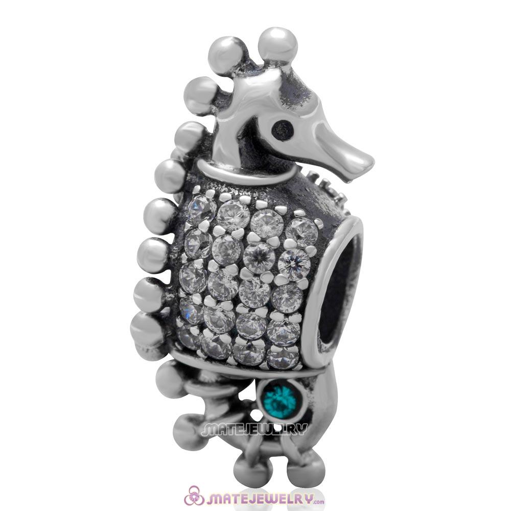 Clear CZ Pave Seahorse Charm 925 Sterling Silver with Blue Zircon Australian Crystal