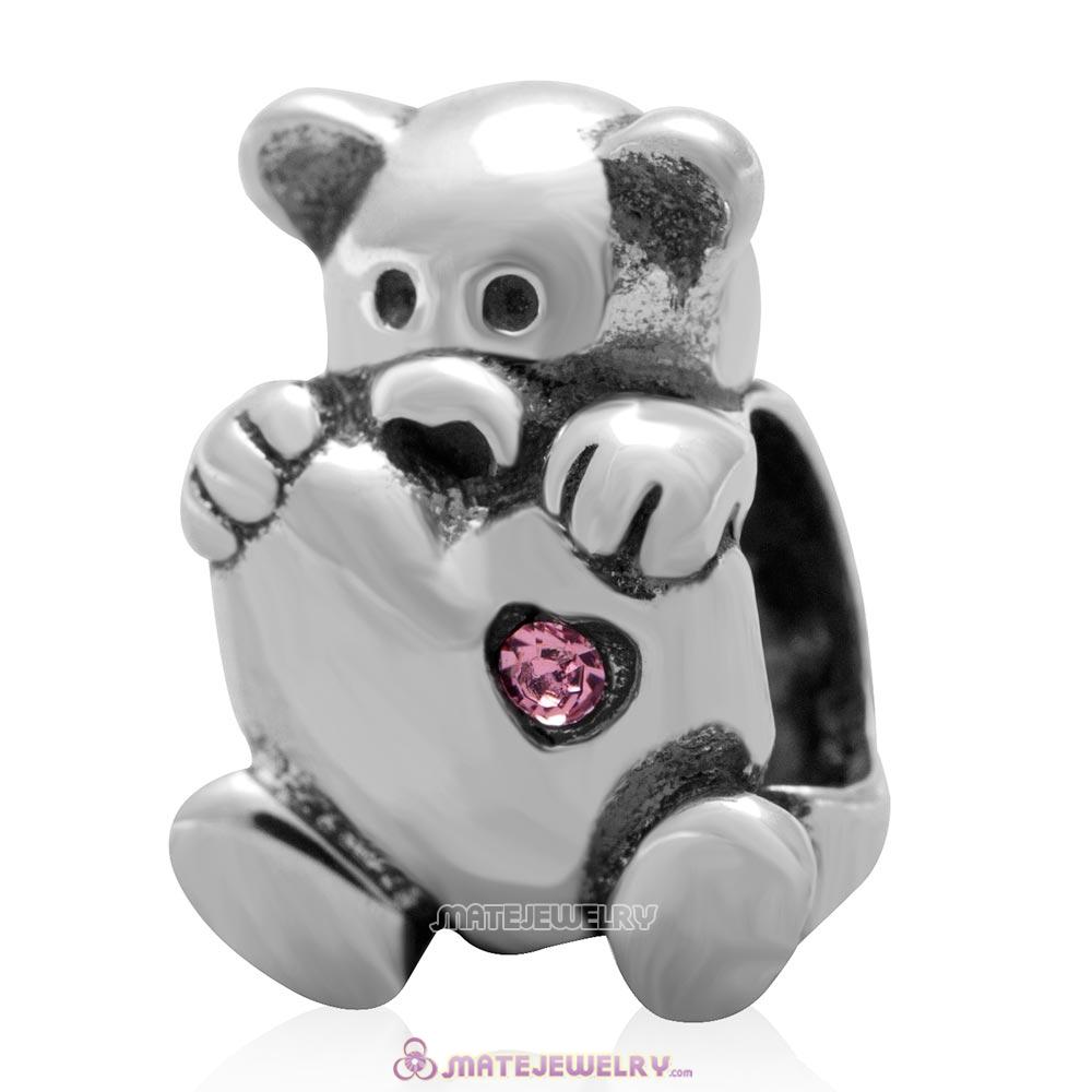 Bear Hug Heart Charm 925 Sterling Silver with Lt Rose Australian Crystal