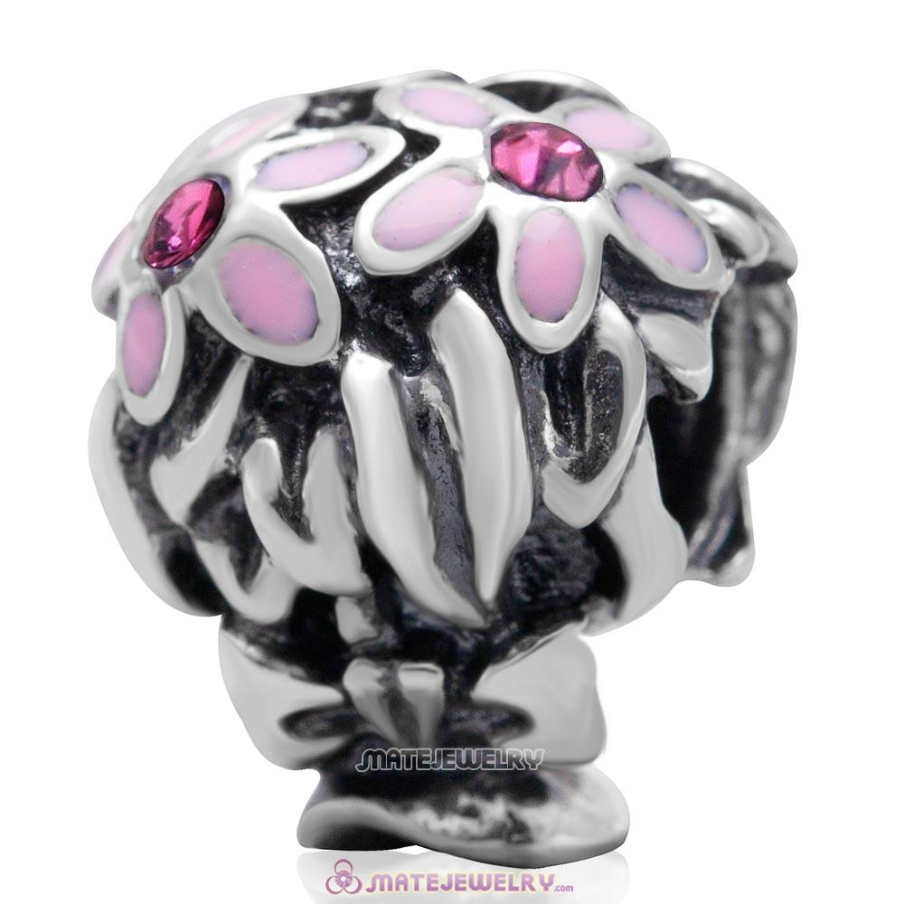 Pink Enamel Bouquet Charm 925 Sterling Silver with Rose Australian Crystal