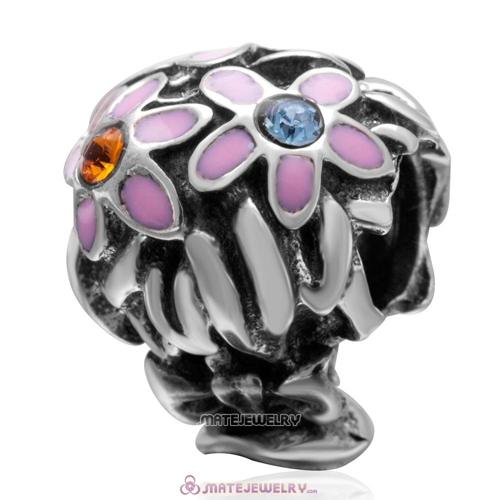 Pink Enamel Bouquet Charm 925 Sterling Silver with Colorful Australian Crystal