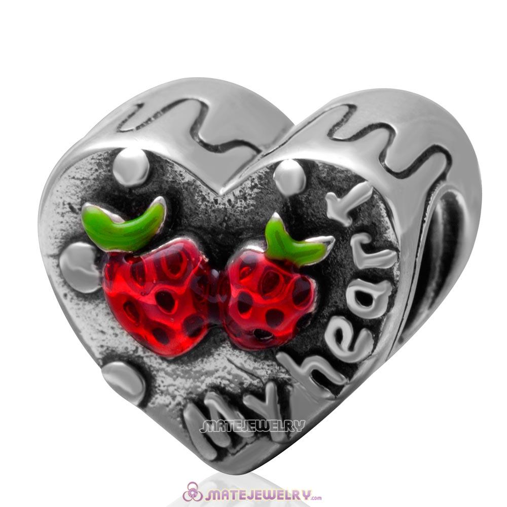 Antique Sterling Silver My Heart Charm Bead with Sweet Strawberry
