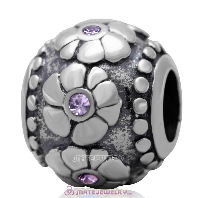 Antique Silver European Style Flower with Violet Australian Crystal Charm Bead